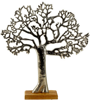 Decoratie levensboom - Tree of Life - aluminium/hout - 31 x 34 cm - zilver kleurig