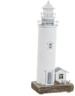 Decoratie Maritiem beeldje Vuurtoren met LED lampje - Hout - 13 x 30 cm - wit - Beeldjes