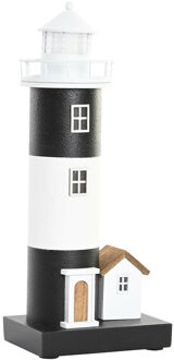 Decoratie Maritiem beeldje Vuurtoren met LED lampje - Hout - 15 x 37 cm - wit/zwart - Beeldjes