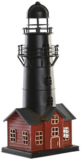 Decoratie Maritiem beeldje Vuurtoren - Metaal - 13 x 33 cm - zwart/rood - Beeldjes