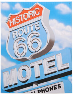 Decoratie - Metalen - wandplaat - Route 66 Motel - 32 x 41 cm - Metalen wandbordjes Multikleur