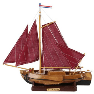 Decoratie miniatuur model Hollandse vissersboot met rode zeilen - 25 cm - miniatuur boot/boten Multi