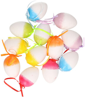 Decoratie paaseieren - 12x - kunststof - ombre - 6cm hoog - paasdecoratie met ophanglint Multi