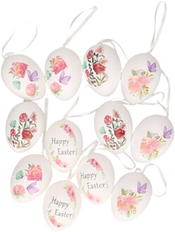 Decoratie paaseieren - 12x - kunststof - wit - 6cm hoog - paasdecoratie met ophanglint