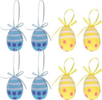 Decoratie paaseieren hangend 12x geel/blauw piepschuim 6 cm