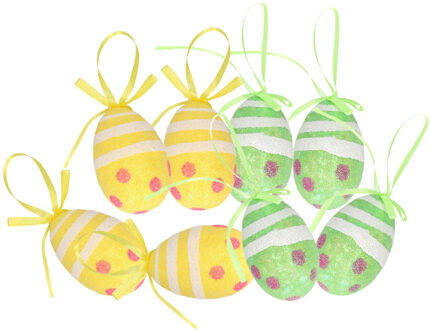 Decoratie paaseieren hangend 12x groen/geel piepschuim 6 cm