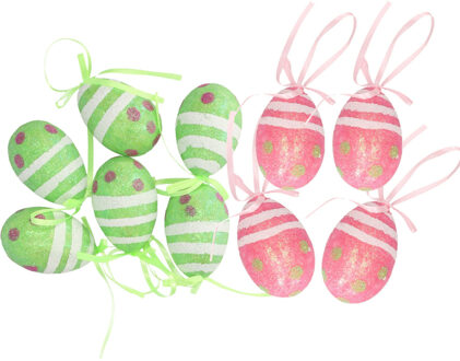 Decoratie paaseieren hangend 12x groen/roze piepschuim 6 cm