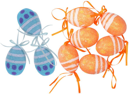 Decoratie paaseieren hangend 12x oranje/blauw piepschuim 6 cm