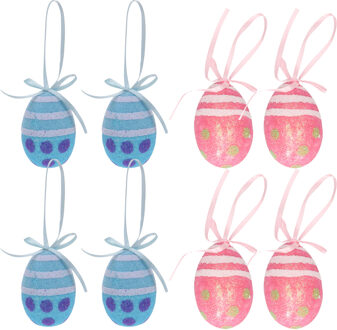 Decoratie paaseieren hangend 12x roze/blauw piepschuim 6 cm