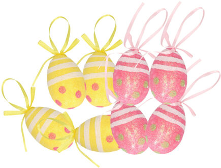 Decoratie paaseieren hangend 12x roze/geel piepschuim 6 cm