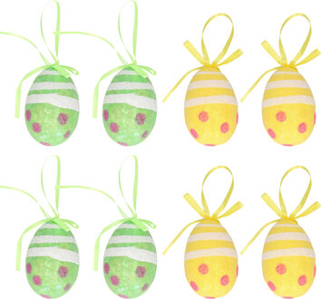 Decoratie paaseieren hangend - 12x stuks - groen/geel - piepschuim - 6 cm