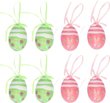 Decoratie paaseieren hangend - 12x stuks - groen/roze - piepschuim - 6 cm