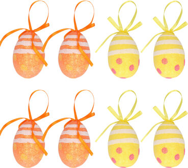 Decoratie paaseieren hangend - 12x stuks - oranje/geel - piepschuim - 6 cm