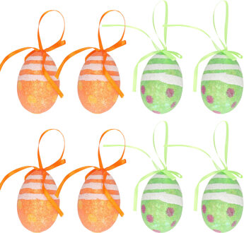 Decoratie paaseieren hangend - 12x stuks - oranje/groen - piepschuim - 6 cm