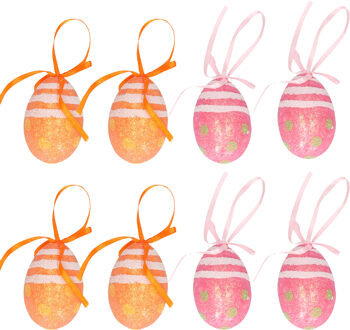 Decoratie paaseieren hangend - 12x stuks - oranje/roze - piepschuim - 6 cm