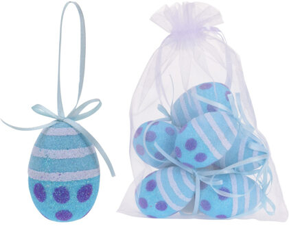 Decoratie paaseieren hangend - 6x - blauw glitter - piepschuim - 6 cm