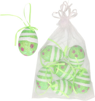 Decoratie paaseieren hangend - 6x - groen glitter - piepschuim - 6 cm