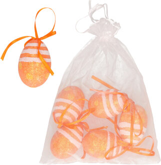 Decoratie paaseieren hangend - 6x - oranje glitter - piepschuim - 6 cm - Feestdecoratievoorwerp