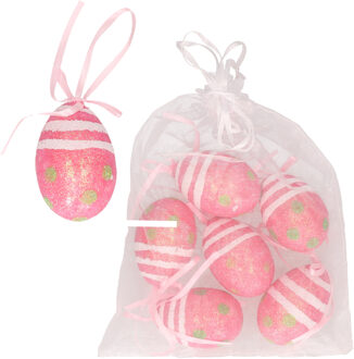Decoratie paaseieren hangend - 6x - roze glitter - piepschuim - 6 cm