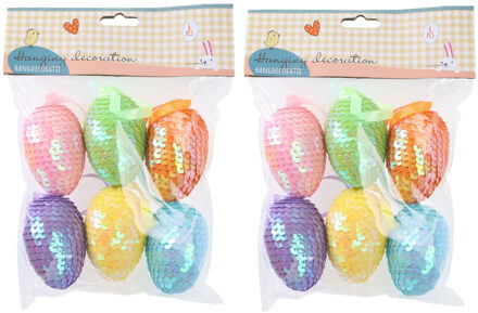 Decoratie paaseieren met pailletten - 12x - diverse kleuren - piepschuim - 6 cm