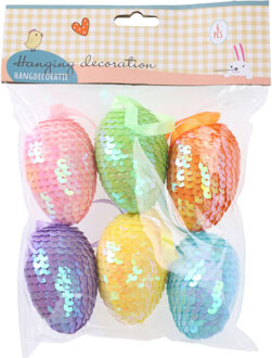 Decoratie paaseieren met pailletten - 6x - diverse kleuren - piepschuim - 6 cm