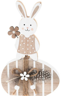 Decoratie paashaas met paasei - hout - bruin/wit - 20 cm