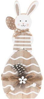 Decoratie paashaas met paasei - hout - bruin/wit - 23,5 cm