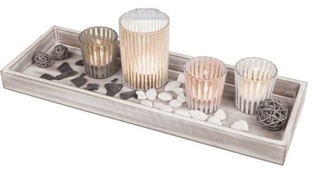 Decoratie Plateau - hout - met theelichthouders en steentjes Multi