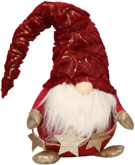 Decoratie pop - gnome/kabouter - 39 cm - rood met goud - kerstdecoratie
