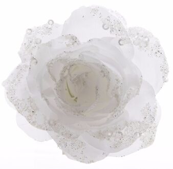 Decoratie roos bloem winter wit 14 cm -  Kunst bloemen witte roos met glitters