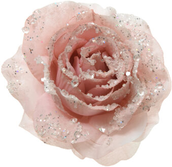 Decoratie roos poeder roze 14 cm - Lichtroze kunstrozen op clip 14 cm
