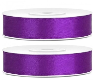 Decoratie satijn sierlint - 2x - donker paars - 12 mm x 25 meter - Cadeaulint satijnlint
