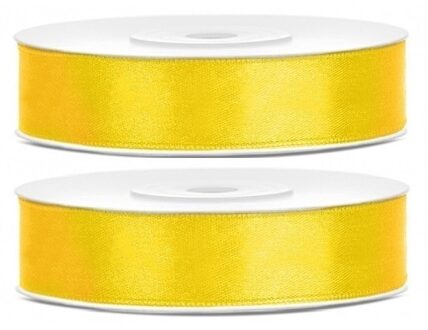Decoratie satijn sierlint - 2x - geel - 12 mm x 25 meter - Cadeaulint satijnlint