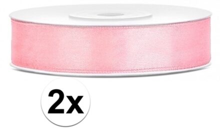 Decoratie satijn sierlint - 2x - lichtroze - 12 mm x 25 meter - Cadeaulint satijnlint