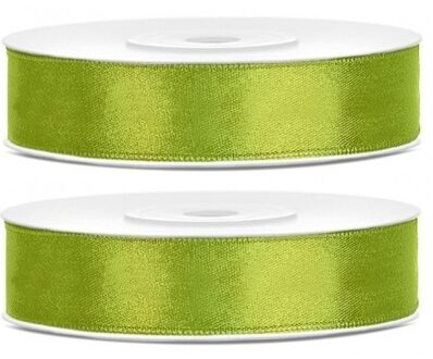 Decoratie satijn sierlint - 2x - lime groen - 12 mm x 25 meter - Cadeaulint satijnlint