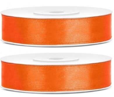 Decoratie satijn sierlint - 2x - oranje - 12 mm x 25 meter - Cadeaulint satijnlint