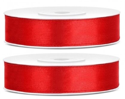 Decoratie satijn sierlint - 2x - rood - 12 mm x 25 meter - Cadeaulint satijnlint