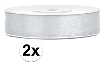 Decoratie satijn sierlint - 2x - zilver - 12 mm x 25 meter - Cadeaulint satijnlint