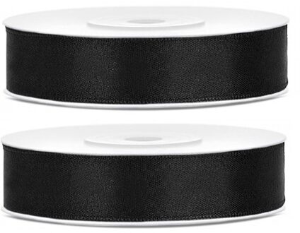 Decoratie satijn sierlint - 2x - zwart - 12 mm x 25 meter - Cadeaulint satijnlint