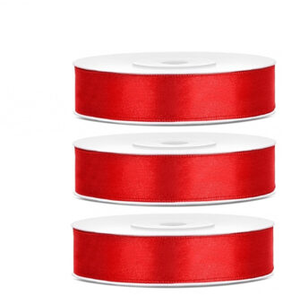 Decoratie satijn sierlint - 3x - rood - 12 mm x 25 meter - Cadeaulint satijnlint