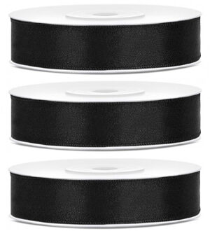 Decoratie satijn sierlint - 3x - zwart - 12 mm x 25 meter - Cadeaulint satijnlint