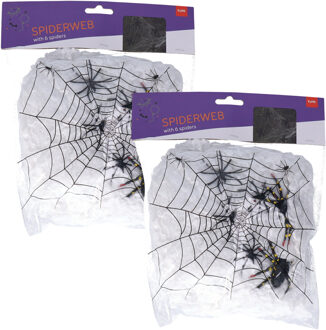 Decoratie spinnenweb met spinnen - 2x - zakje van 100 gram - Halloween - versiering - 20 x 22 cm