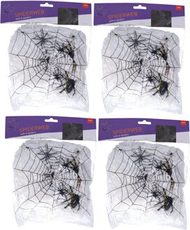 Decoratie spinnenweb met spinnen - 4x - zakje van 100 gram - Halloween - versiering - 20 x 22 cm
