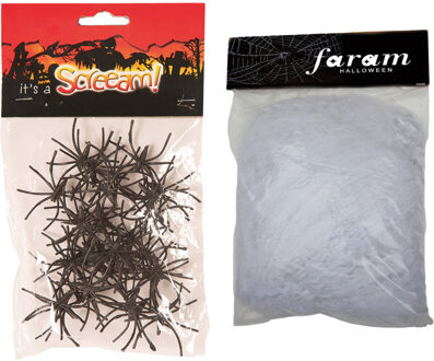Decoratie spinnenweb/spinrag groot met spinnen - 850 gram - wit - Halloween/horror versiering