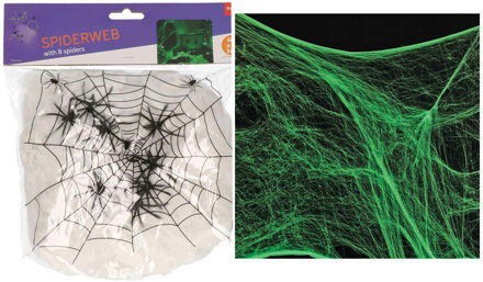 Decoratie spinnenweb/spinrag met spinnen - 100 gram - glow in the dark - Halloween/horror versiering