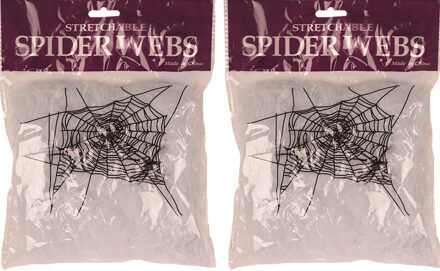 Decoratie spinnenweb/spinrag met spinnen - 2x - 20 gram - wit - Halloween/horror versiering