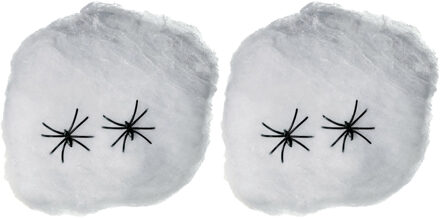 Decoratie spinnenweb/spinrag met spinnen - 2x - 40 gram - wit - Halloween/horror versiering