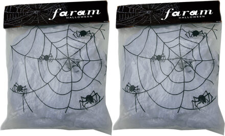 Decoratie spinnenweb/spinrag met spinnen - 2x - 50 gram - wit - Halloween/horror versiering