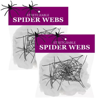 Decoratie spinnenweb/spinrag met spinnen - 2x - 60 gram - wit - Halloween/horror versiering