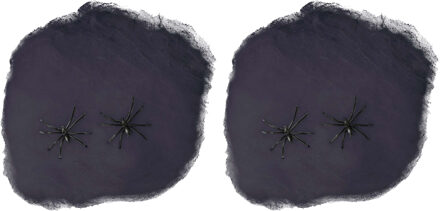 Decoratie spinnenweb/spinrag met spinnen - 2x - 60 gram - zwart - Halloween/horror versiering